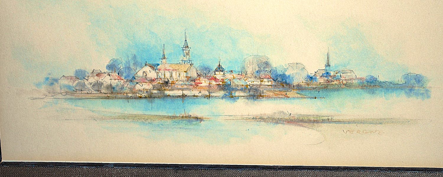 Buy Jean-Louis Vergne - Gezicht op Chalon (Fr.) met de Saône - tekening met aquarel - mooi ingelijst? Bid from 50!