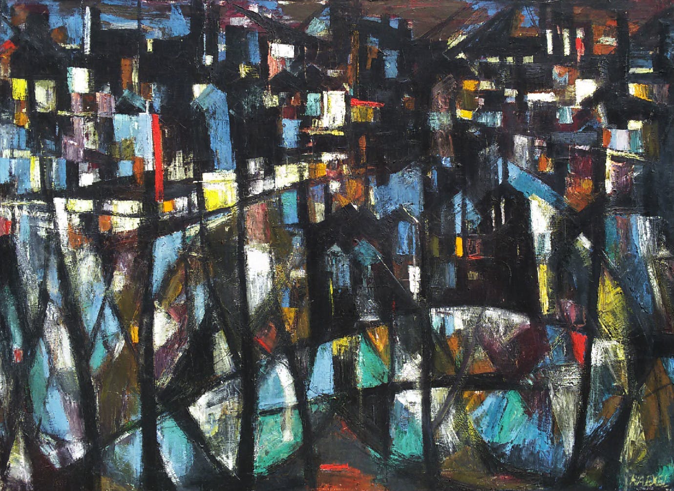 Ria Exel - Stad bij nacht, olieverf op doek (ingelijst, groot!) verkocht voor € 405!