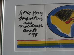 Corneille - Litho, Tekst, " Nous vous souhaitons une merveilleuse annee 1998 ". kopen? Bied vanaf 150!