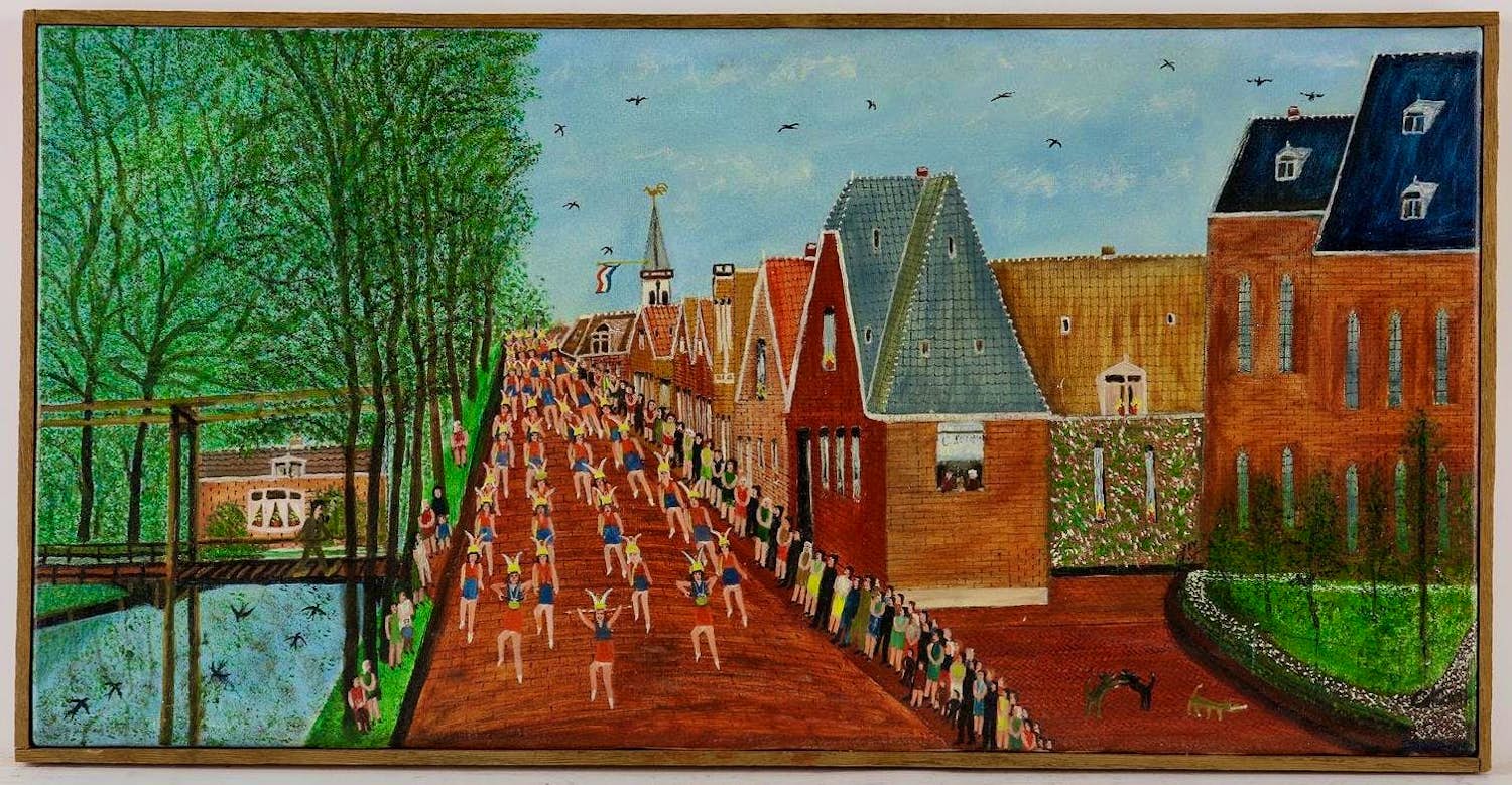 Cornelis Kaay - Ingelijste olieverf op doek: 'Optocht in Niedorp' kaufen? Bieten Sie von 1495!