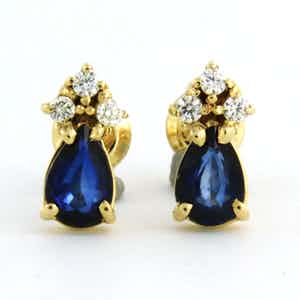 14k geelgouden oorknoppen bezet met saffier 1,20ct en briljant geslepen diamant verkocht voor € 260!