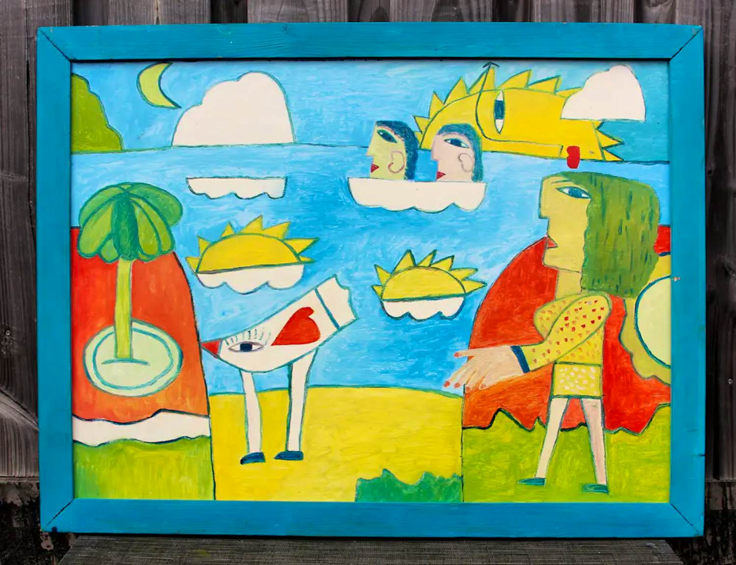 Hannes Kuiper - Ingelijste acrylverf op paneel: 'Wandeling met palm beats' verkocht voor € 199!