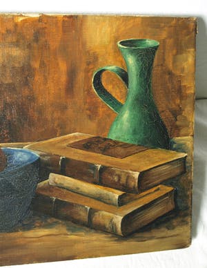 Niet of onleesbaar gesigneerd - Olieverf op doek , Stilleven met groene vaas, fruit en boeken - gesigneerd kopen? Bied vanaf 1!