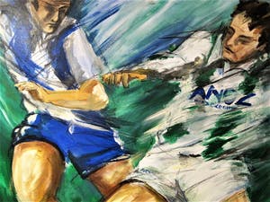 Anke Peddemors - GROOT! Acrylverf op doek - F.C. Groningen "duel om de bal" gesigneerd kopen? Bied vanaf 30!