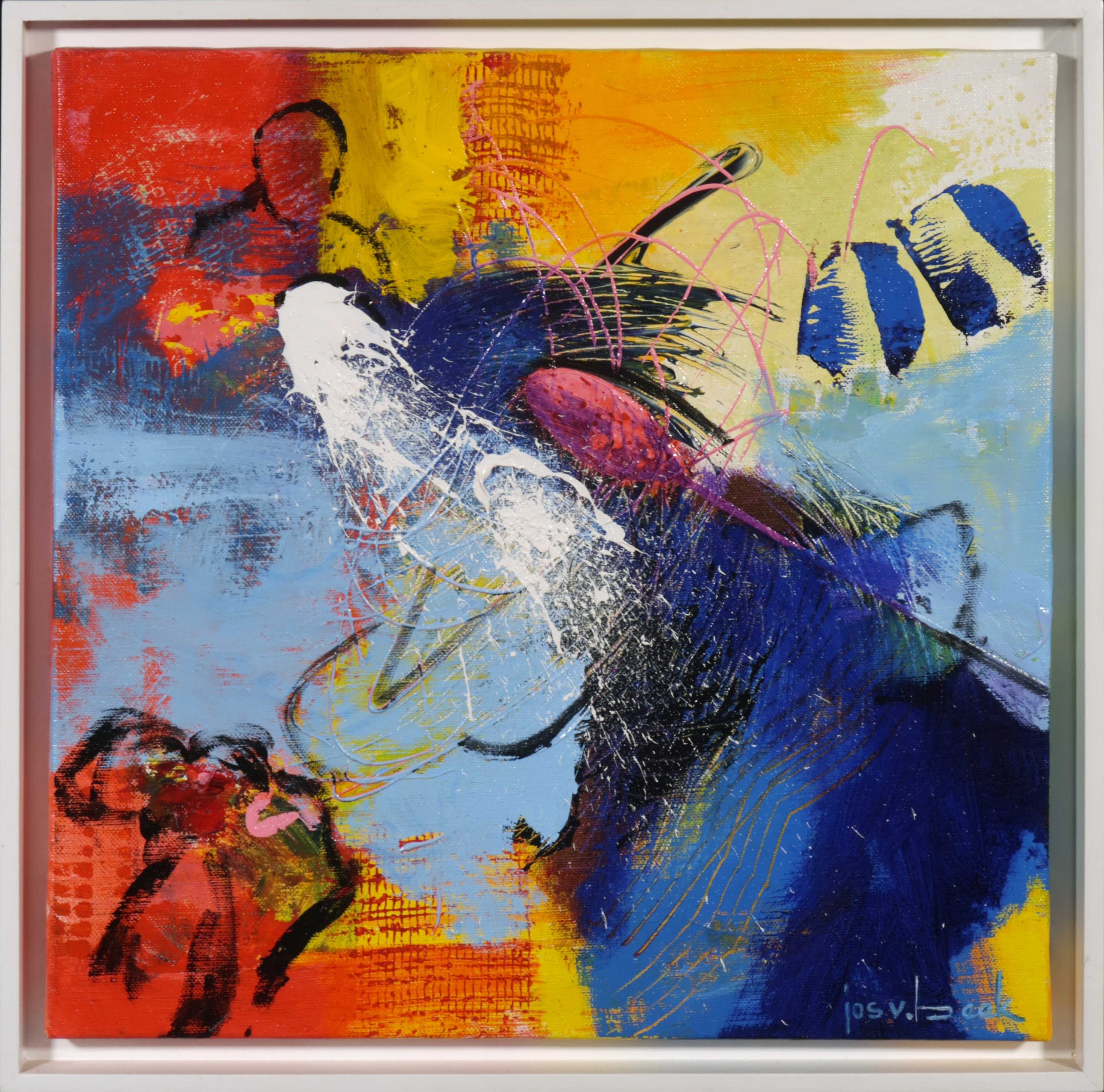 Jos van Beek - Acryl op doek, Getuigen van krachtontwikkeling - Ingelijst verkocht voor € 80!