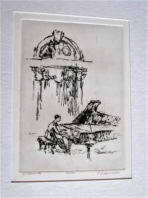 Ingeborg Oderwald - exposeerde in Berlijn en Los Angeles - Ets - "Pianist" - kleine oplage verkocht voor € 10!