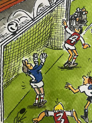 Dik Bruynesteyn - originele tekening 'Spanning en sensatie, de bal op de lat' kopen? Bied vanaf 85!