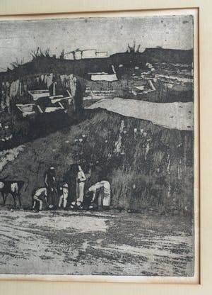 Ber Mengels - Ingelijste ets, Mediterraan mijnlandschap - 1963 kopen? Bied vanaf 35!