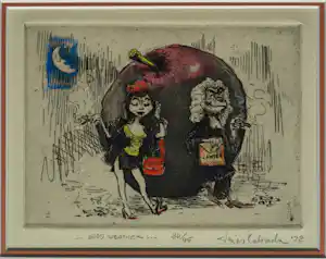 Javier Cabada - Ingelijste ets , Spotprent ‘Good Weather’ – handgekleurd - 1972 verkauft für € 35!