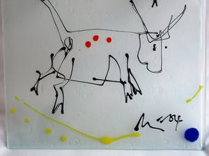 Niet of onleesbaar gesigneerd - 3 op Glas geschilderde werken, Fietsen, Koeien en Varkens - gesigneerd kopen? Bied vanaf 1!