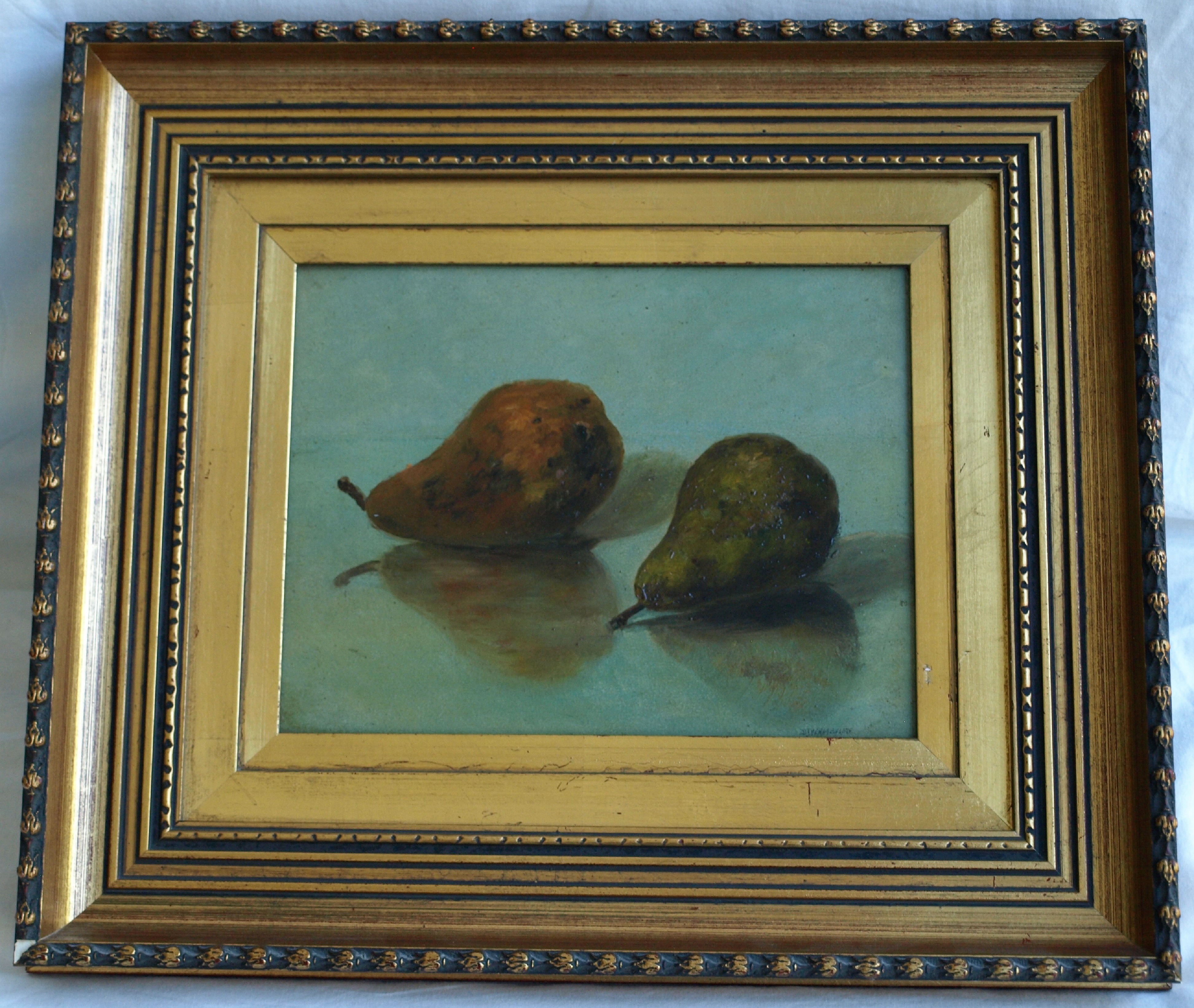 Niet of onleesbaar gesigneerd - Olieverf op paneel , Stilleven met 2 peren â€“ ingelijst  verkocht voor € 82!