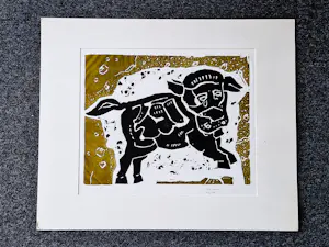 Peter Alma - Vriend van piet Mondriaan - grote olijfgroene houtsnede - "Stiertje" - ges. kopen? Bied vanaf 61!