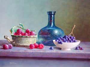 Hans Habraken - Stilleven druiven, pruimen, en een fles. verkocht voor € 795!