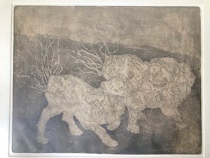Paula Sluiter - Chinese Leeuwen - Ets/aquatint, Ingelijst kopen? Bied vanaf 75!