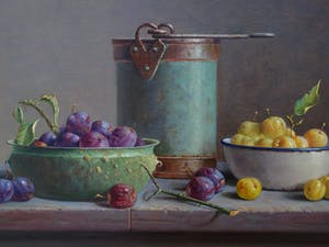 Hans Habraken - Oude ketel en oude schaaltjes met gele en blauwe pruimen. kopen? Bied vanaf 825!