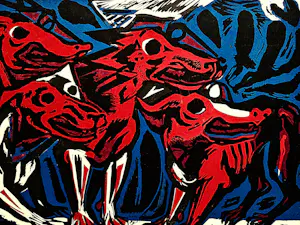 Willem Rozendaal - in 1952 gemaakte (handgekleurde) Linosnede "Hellehonden" gesigneerd kopen? Bied vanaf 31!