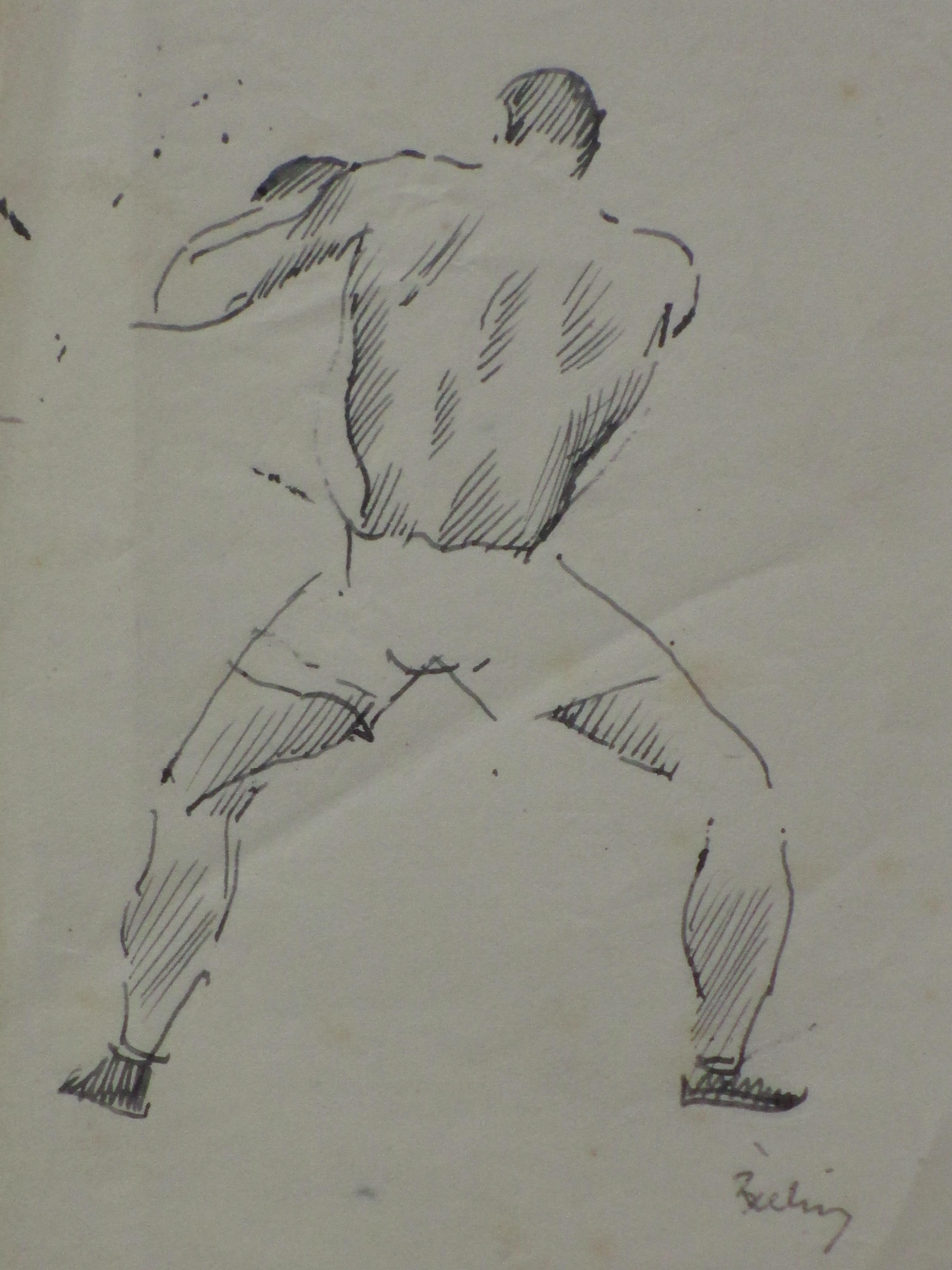 Herman Bieling - Bokser in gevechtshouding - Inkttekening kopen? Bied vanaf 30!