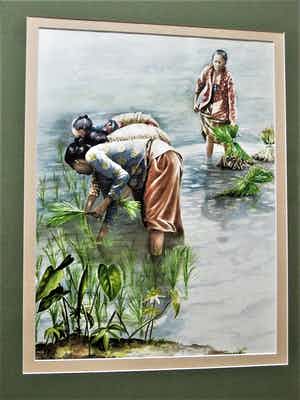 Hetty Ansing - Bijzonder fraai Aquarel "Vrouwen op rijstvelden Indonesie" GROOT! verkocht voor € 64!