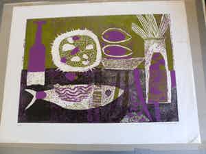 Jenny Dalenoord - Stilleven met vis, Kleurenhoutsnede verkocht voor € 40!