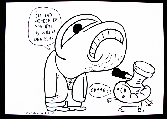 Kamagurka - En had meneer er nog iets bij willen drinken? - tekening, gesigneerd kopen? Bied vanaf 150!
