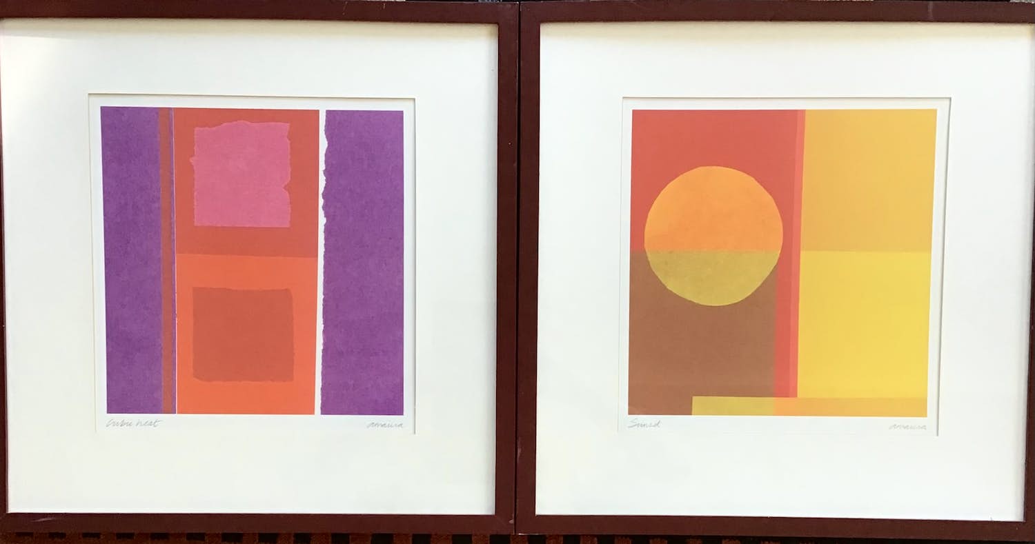 Niet of onleesbaar gesigneerd - Amaina, Twee offsetlitho’s ,Cubic Heat en Sunset, ingelijst kopen? Bied vanaf 1!