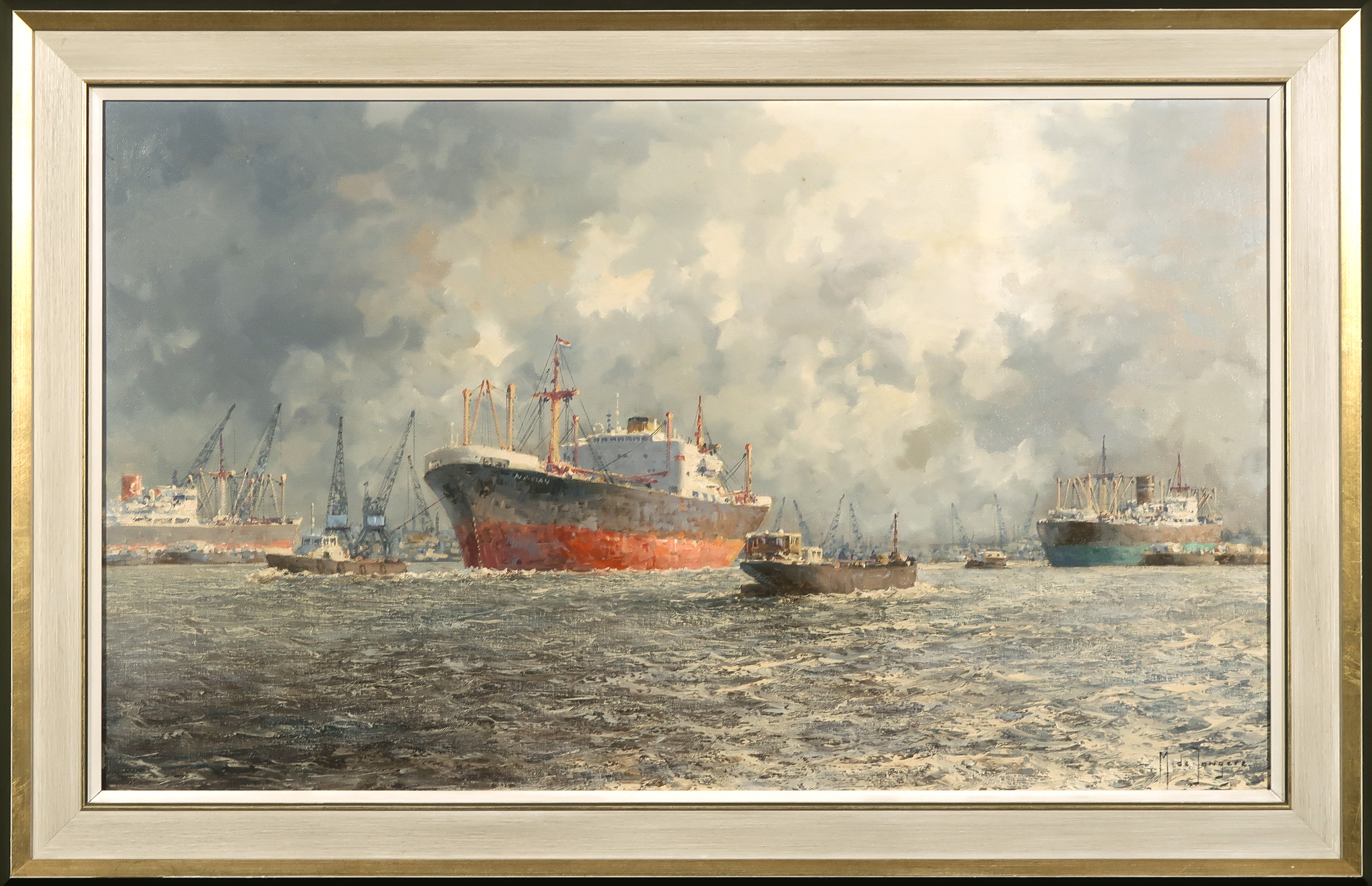 Marius de Jongere - Olieverf op doek, Havengezicht - Ingelijst verkocht voor € 750!