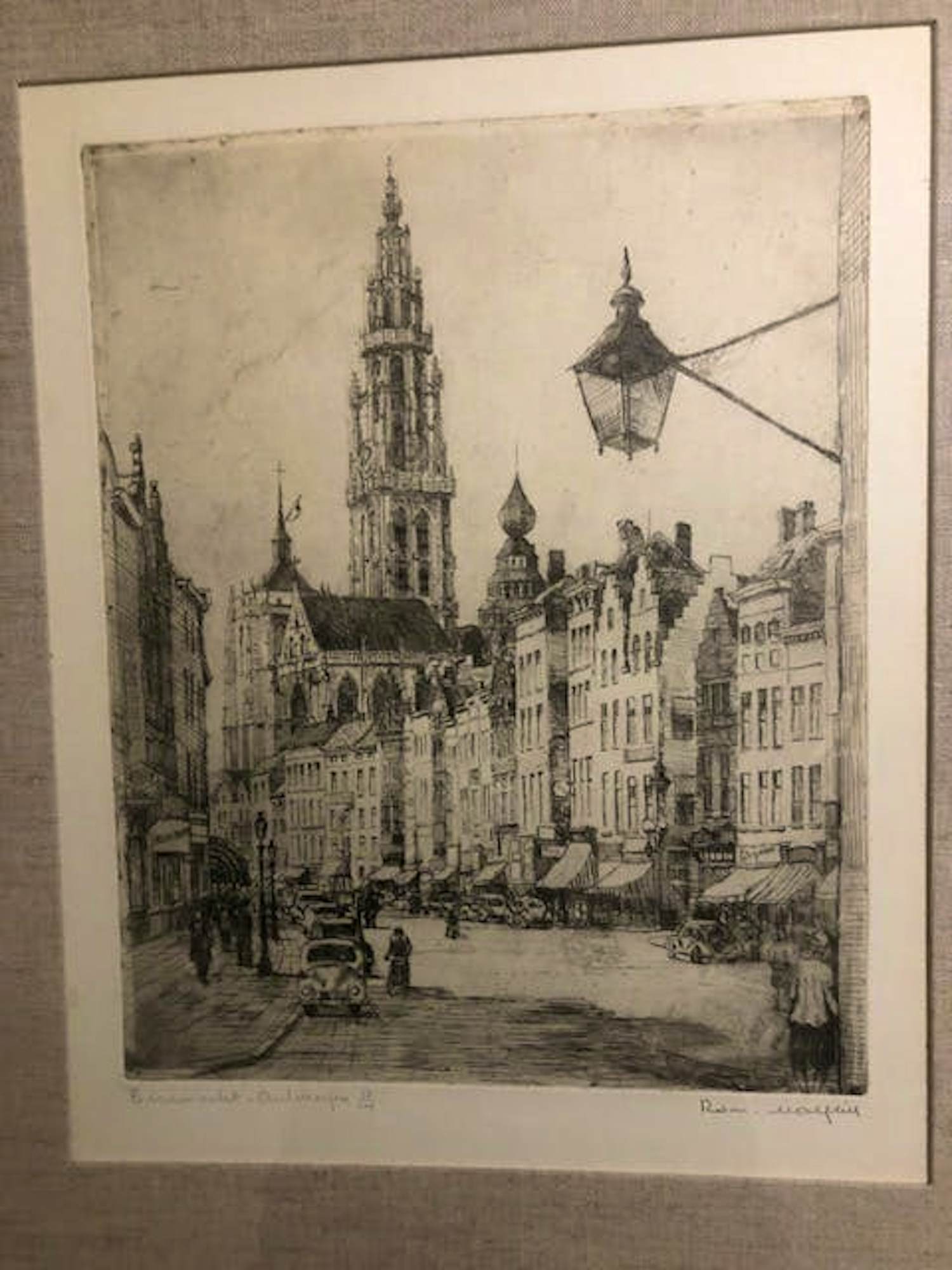 Romain Malfliet - Prachtige pentekening van de Antwerpse Kathedraal en omgeving kopen? Bied vanaf 70!