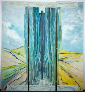 Niet of onleesbaar gesigneerd - Dick Nijzink, Acryl op panelen, Wandelaar op zijn pad -(Drieluik, Zeer groot) kopen? Bied vanaf 100!