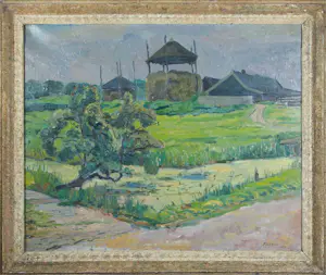 Dirk Filarski - Olieverf op doek, Hooimijten in landschap - Ingelijst kaufen? Bieten Sie von 2000!