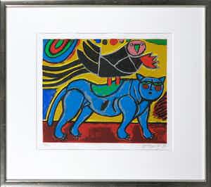 Corneille - Litho, Chat et oiseau - Ingelijst verkocht voor € 1!