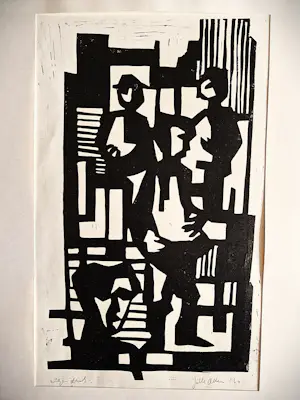 Jelle Otter - Groninger kunstenaar en graficus - linosnede "mannen" - eigen druk - 1964 kopen? Bied vanaf 38!