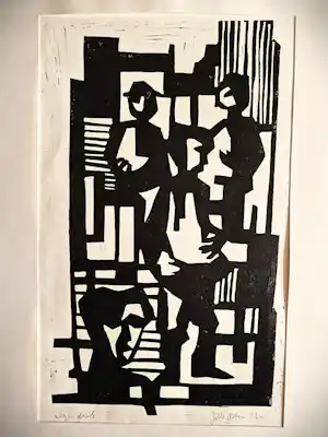 Jelle Otter - Groninger kunstenaar en graficus - linosnede "mannen" - eigen druk - 1964 vendu pour 48€ !
