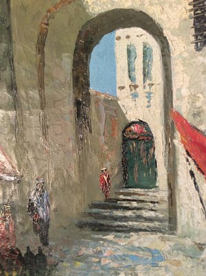 Niet of onleesbaar gesigneerd - Stadsgezicht met marktscene - olieverf op doek kopen? Bied vanaf 10!