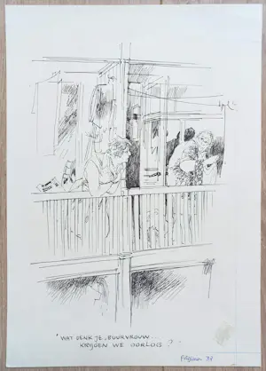 Buy Peter van Straaten - Wat denk je, buurvrouw… krijgen we oorlog?, originele gesigneerde tekening? Bid from 350!