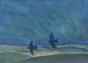 Paul Overhaus - Aquarel, Duinlandschap met Kraaien bij Nacht - Ingelijst kopen? Bied vanaf 1!