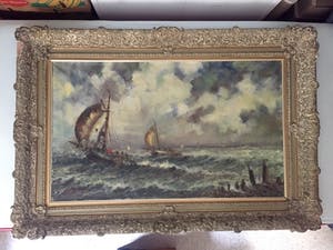 Willem Bos - Platbodems op woelige zee - Olieverf op Doek, Klassieke, grote lijs kopen? Bied vanaf 299!