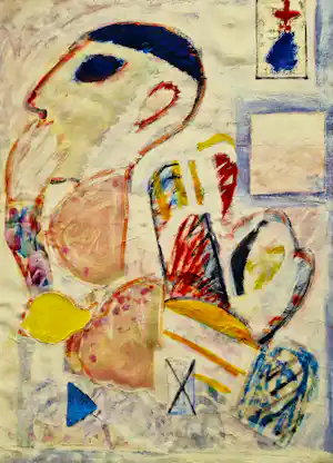 Henk Mulders - zeer grote gemengde techniek (o.a. collage olieverf aquarel) "zelfbeeld' gesign vendu pour 47€ !