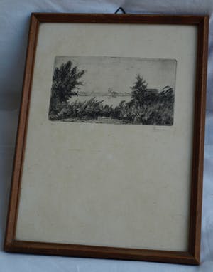 Piet Kraus - Ets , Gezicht op de Biesbosch – gesigneerd & ingelijst – 1944 kopen? Bied vanaf 1!