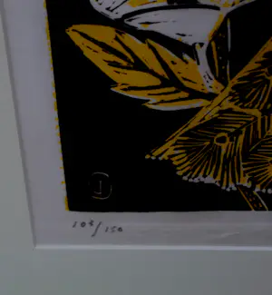 Jeanne Bieruma Oosting - Ingelijste houtsnede: gele vogel kopen? Bied vanaf 399!