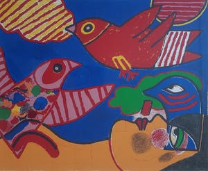 Corneille - " Vol d' Oiseaux ". Grote en kleurrijke zeefdruk uit 1985. kopen? Bied vanaf 345!