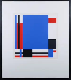 AcheterJo Niemeyer - Zeefdruk, Abstract-geometrisch werk in rood, blauw, zwart en wit - Ingelijst? Enchérissez de 70!