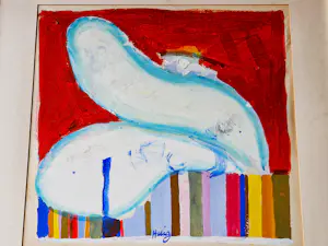 Henk Huig - 1962 - grote gemengde techniek - gespleten tong over schutting - in orig. lijst kopen? Bied vanaf 41!