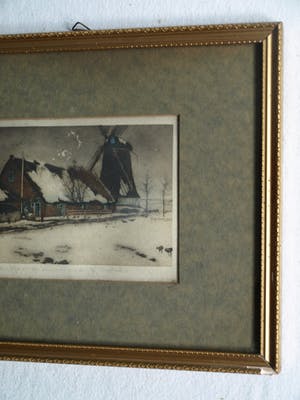 Tjeerd Bottema - Kleine ingelijste kleuren-ets , Molentje in de sneeuw – ca. 1927 kopen? Bied vanaf 35!