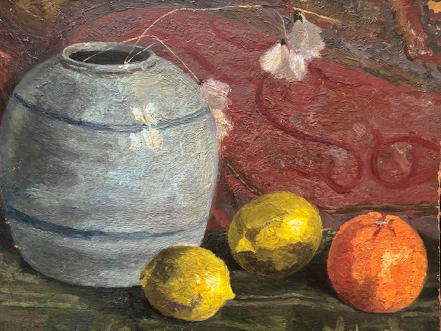 Adri Pieck - "Stilleven met wollegras" in aardewerk pot en fruit kopen? Bied vanaf 150!