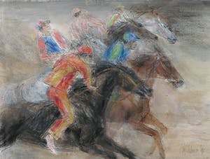 Piet Klaasse - Gemengde techniek op papier, Paardenrace kopen? Bied vanaf 50!