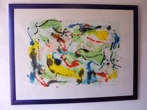 Nic Jonk - Zeefdruk, Titel, "Schone zee". - Ingelijst groot. verkocht voor € 120!