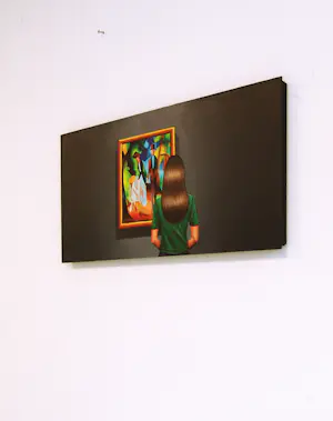 Gerard Boersma - Leute Am Blauen See (Vrouw genietend van schilderij van August Macke) kopen? Bied vanaf 400!