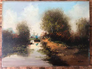 Anton Muller - landschap met molen en bootje kopen? Bied vanaf 10!