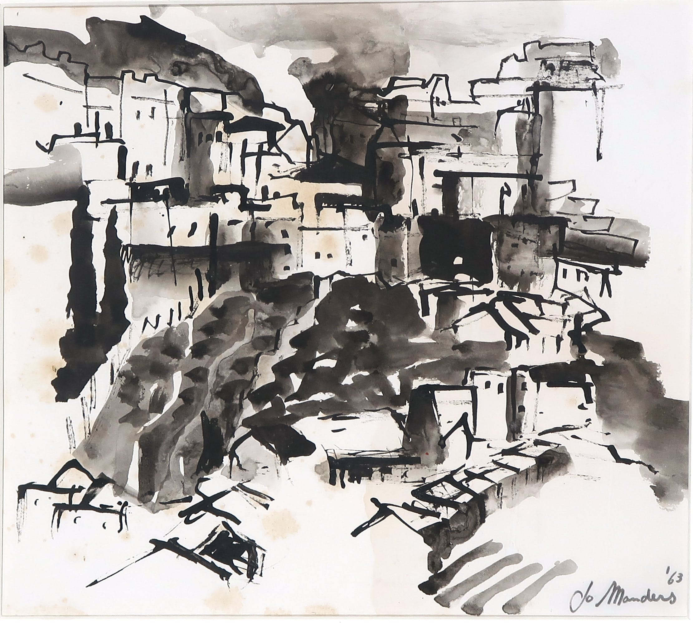 Jo Manders - Aquarel op papier, Stadgezicht  kopen? Bied vanaf 1!