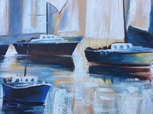 Berend Pasman - Zeilboten in haven | olieverfschilderij (in baklijst) kopen? Bied vanaf 125!